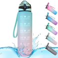 thumbnail image 1 of Botella de agua deportiva con marcas de tiempo de 1 litro y botellas con pajitas, botella de agua que se abre, adecuada para hacer ejercicio al aire libre, 1 of 5