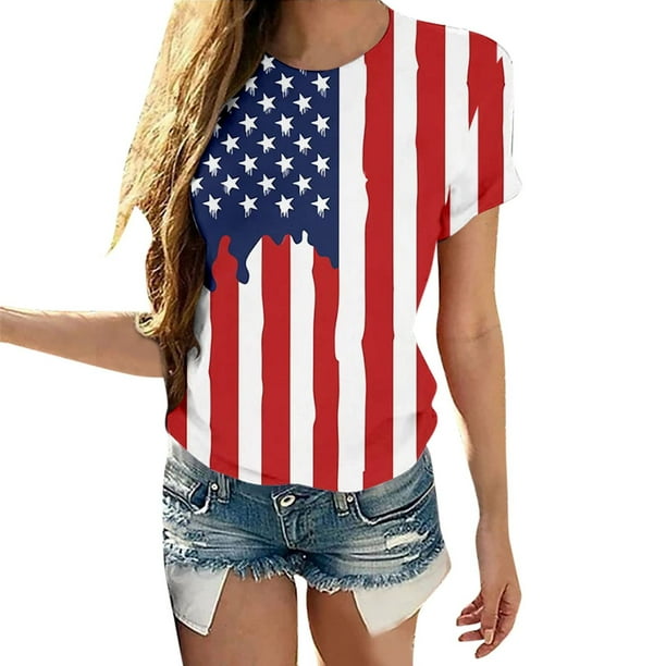 Mujeres Verano Día de la Independencia Impresión Blusa Camisetas Casual Cuello redondo Manga corta Camisetas Tops Pompotops hfajkhk132509