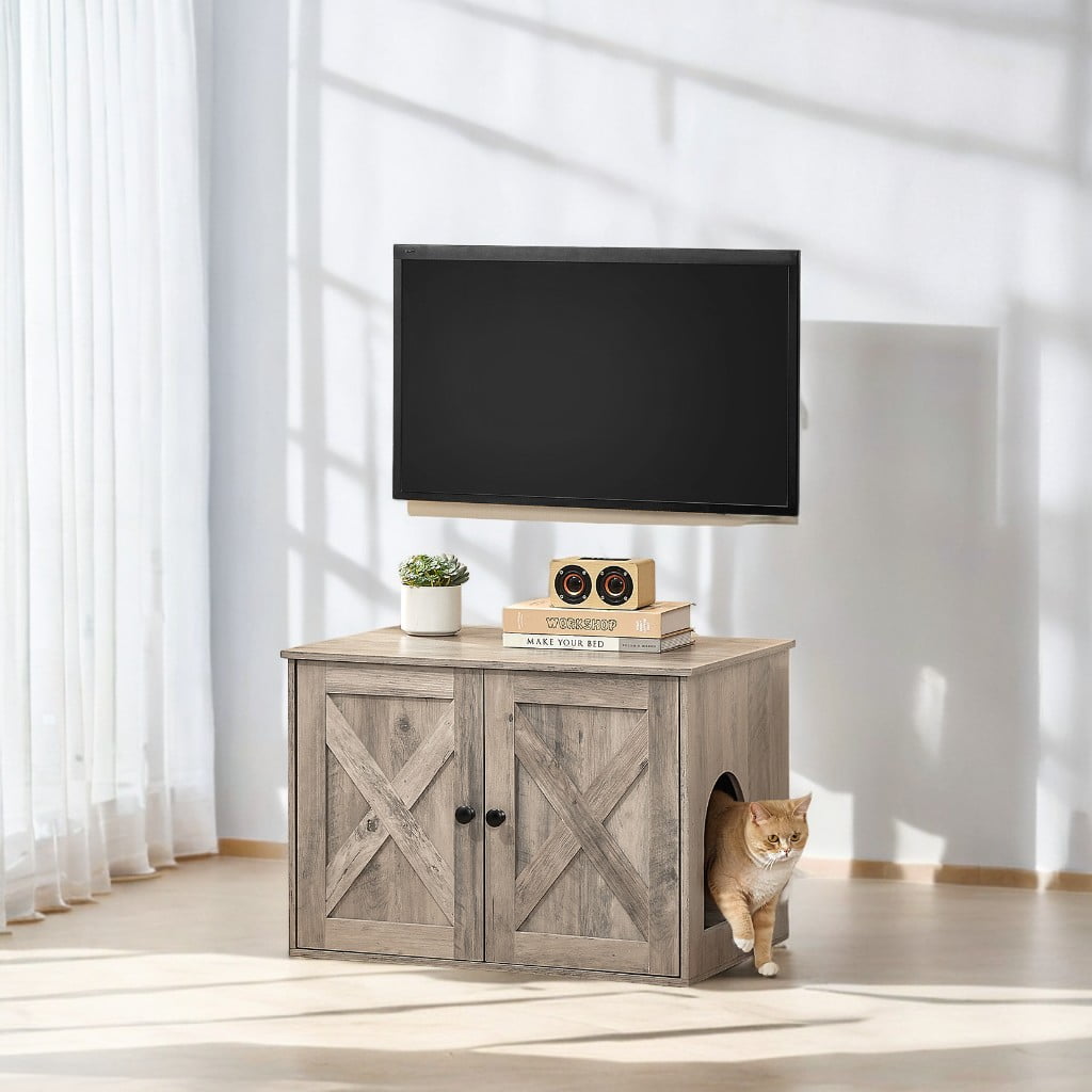 Heather Greige Cat Litter Box Enclosure. Doubles as indoor cat house & end table. Hidden design, sized 27.6 x 19.7 x 19.7 inches.