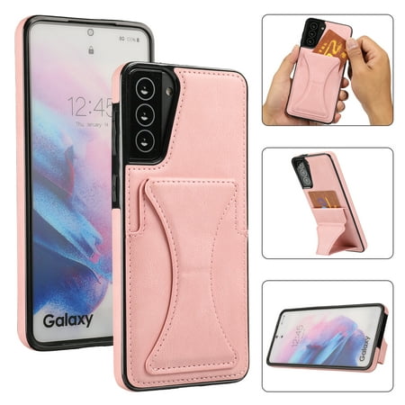 TOP SHE Case for Samsung Galaxy S21 Cell Phone (6.2 Inch) - Synthetic Leather Protective Case with Card Slot / Kickstand, Slim Fit Lightweight Simple Fashion Cover (Rosegold)