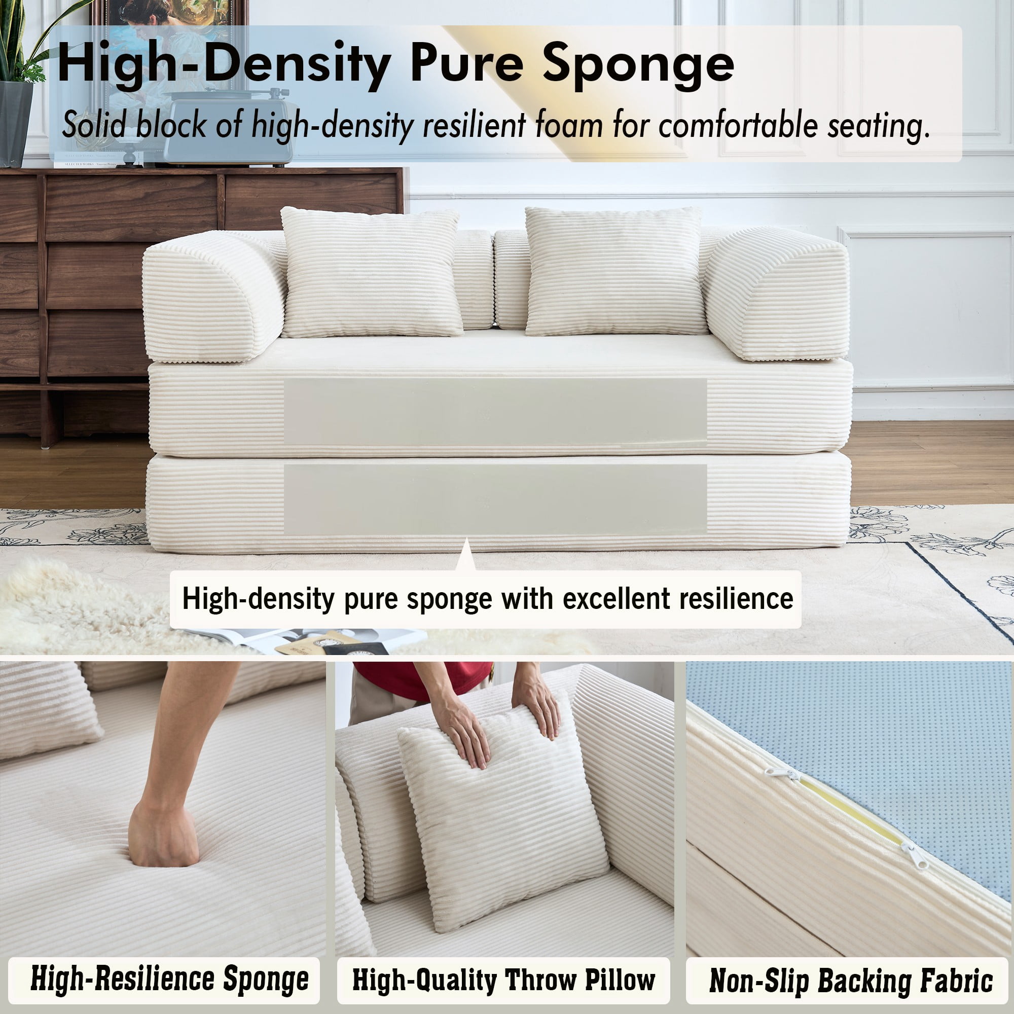 BSHTI 59" Corduroy Convertible Sleeper Sofa Bed with Cylindrical Pillow, No Assembly, Small Space for Living Room（Beige White）