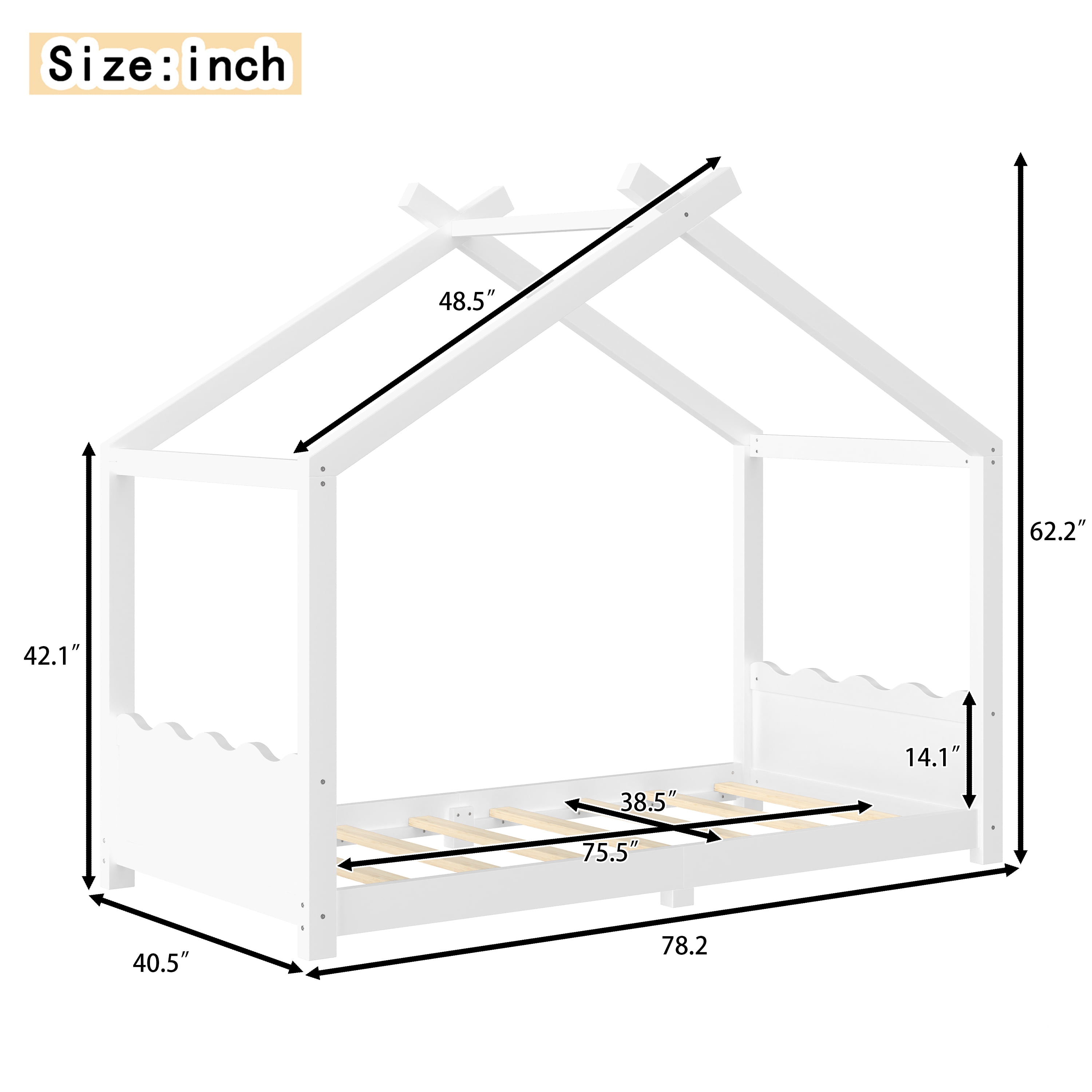 Yoneston Twin House Floor Bed with Roof, Solid Wood Platform Bed Frame with Opening Constructure for Kids, No Box Spring Needed, White