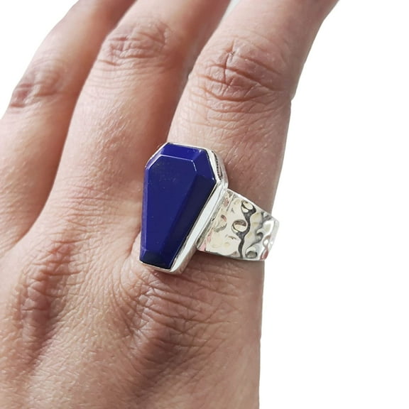 Hammered Lapis Lazuli Ring, Natural Afghani Lapis Ring, September Birthstone Ring, Womens Ring, Coffin Ring, 925 Sterling Silver, Christmas, Handmade, Statement Jewelry, Coffin Shape Gemstone Ring