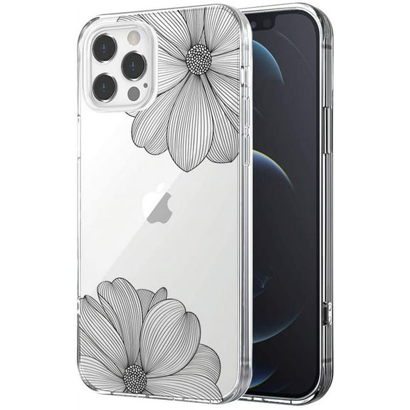 Clear Floral Case Designed for iPhone 12/iPhone 12 Pro (6.1 Inch) 2020, Soft & Flexible TPU Shockproof Slim Cover Women Girls Cute Black Lace Flower Pattern Phone Case (FineBloom 12/12Pro)