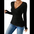 thumbnail image 1 of Camisa de Larga para Mujer, Cuello en V, Punto Acanalado, Suéter Ajustado con Botones, Blusa Informal de Trabajo para Otoño Negro L, 1 of 9