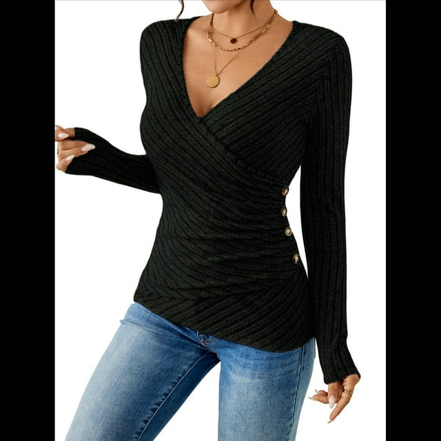 Camisa de Larga para Mujer, Cuello en V, Punto Acanalado, Suéter Ajustado con Botones, Blusa Informal de Trabajo para Otoño Negro L