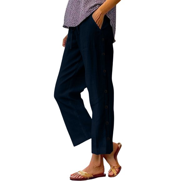 Scyoekwg Womens Work Pants,Pantalons Femmes Elastic Waist Cotton Linen Versatile Straight Casual Wide Leg Pants Loose Lightweight Comfy Classic Solid Color Trousers (Navy,L)