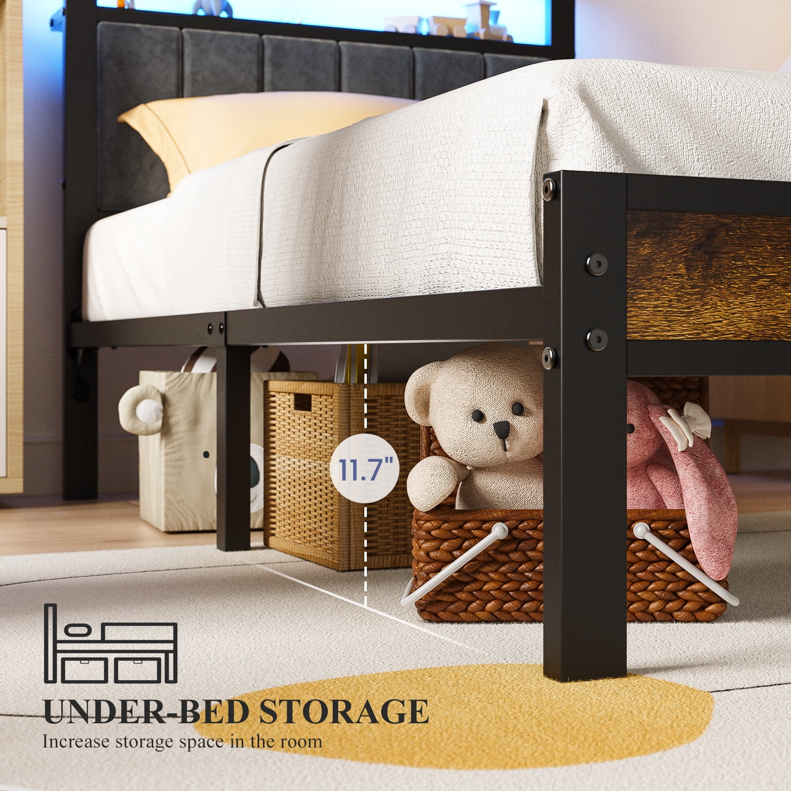 Kbun Twin Bed Frame with LED Lights & Charging Station, Metal Platform Bed Frame with 2-Tier Storage Headboard, Under Bed Storage Space, No Box Spring Needed, Noise Free