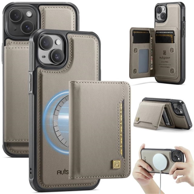 AutSpace Funda para Apple iPhone 13, Bloqueo RFID, Cuero PU, Compatible con MagSafe, Billetera Desmontable 2 en 1 con Tarjetero, Soporte, Cubierta Protectora Magnética, Gris, para iPhone 13