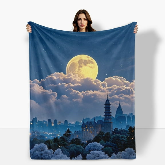 Moon Skyscrapers White Clouds Decorative Flannel Blanket Soft Warm Comfortable For Sofa Bed Travel Camping Living Room Office Chair Polyester Fiber Gift For Family Or Friends