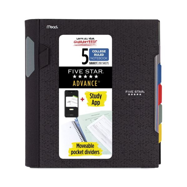 Mead Five Star Advance Wirebound Notebook, 5 Subject, 10 Pockets, Medium/College Rule, Randomly