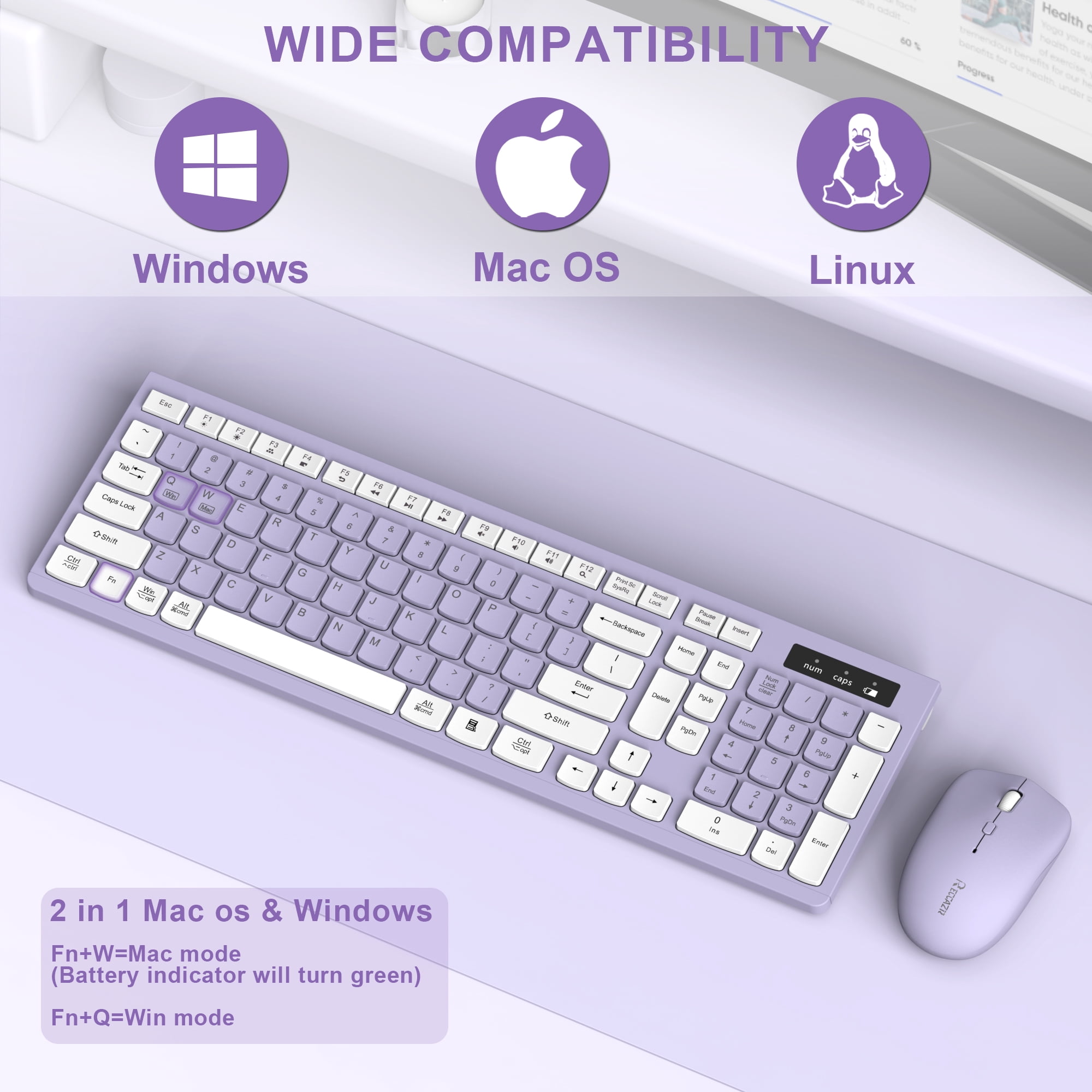 RECCAZR Wireless Keyboard and Mouse Combo for Windows, 2.4G Full Size, 12 Multimedia and Shortcut Keys, 3-Year Battery Life,  for Windows, Mac OS Desktop/Laptop/PC(Blue)