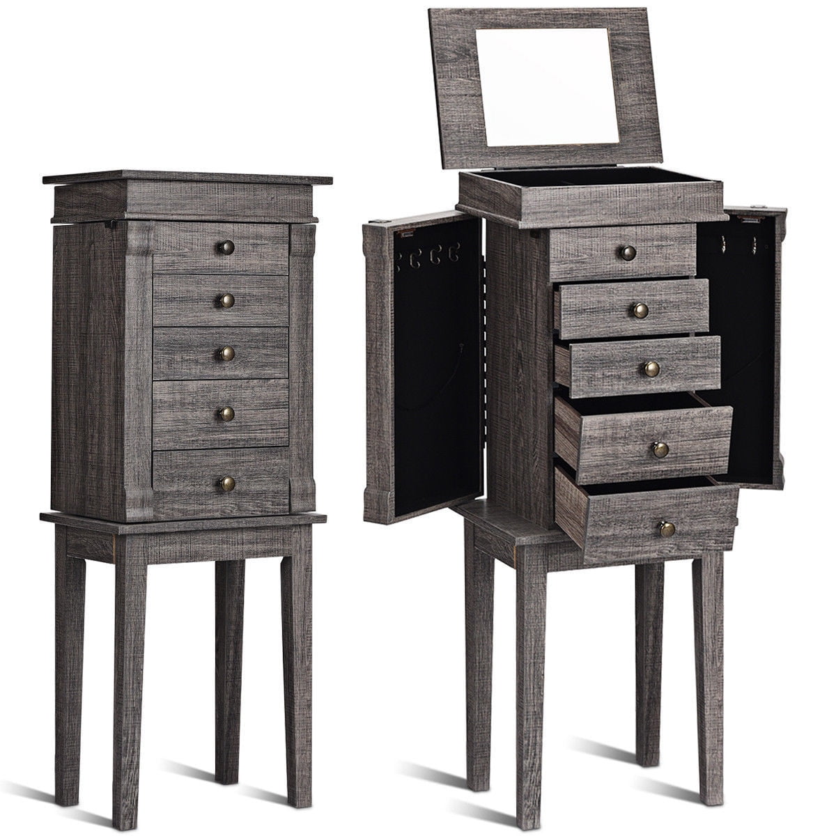 Gymax Standing Jewelry Mirror Cabinet Storage Organizer Wood Legs & 5 Drawers Christmas Gift