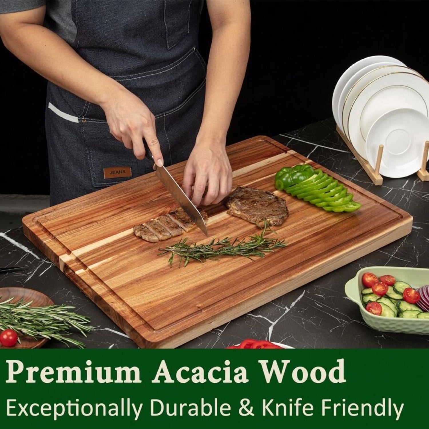 NTGFU Large Acacia Wood Cutting Boards for Kitchen, Extra Large Wooden Cutting Board with Juice Groove, Reversible Butcher Block Cutting Board for Meat and Veggies - 18 X 12 X 1 In