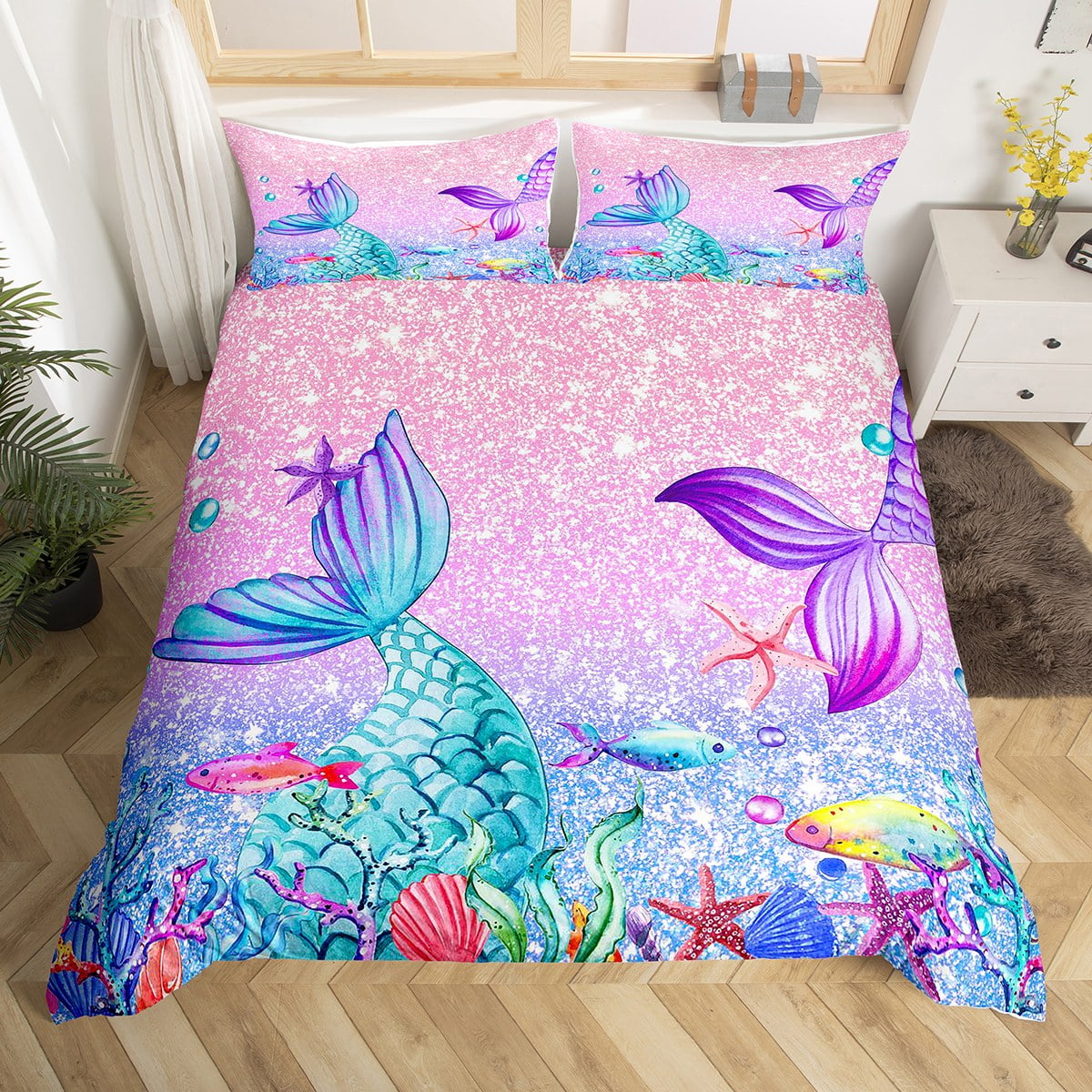 YST Mermaid Bedding Sets Twin for Girls Pink Galaxy Comforter Cover