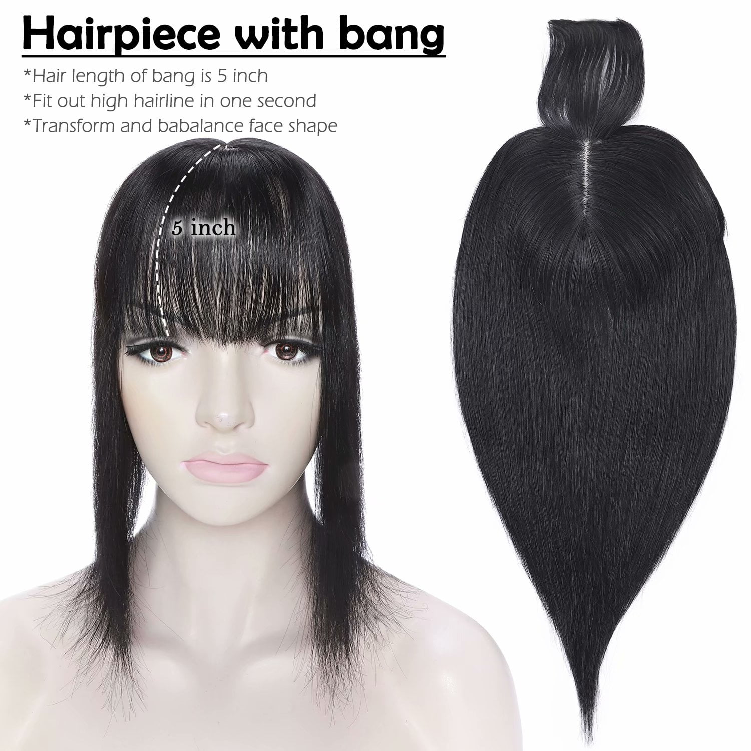 Benehair Women's Hairpieces Silk Base Clip In Topper Toupee Hairpiece With Bangs Hair Loss Black Seamless