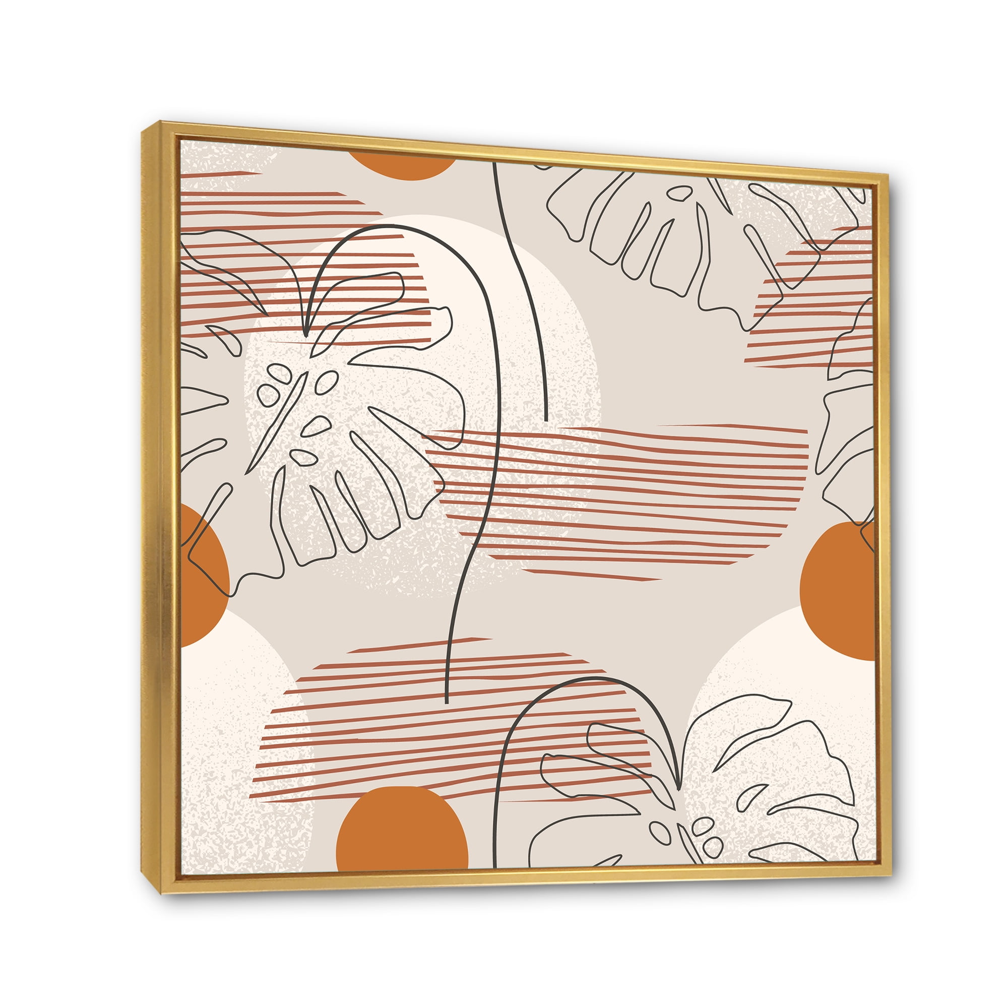 Designart 'Abstract Monstera Leaf and One Line Art Shapes' Modern Framed Canvas Wall Art Print