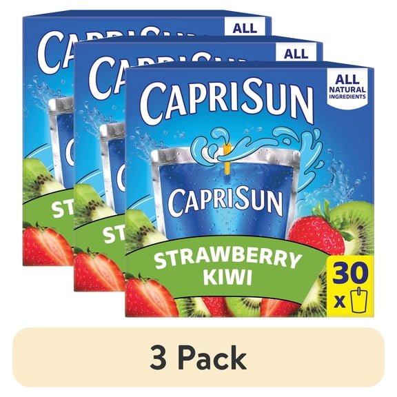 (3 pack) Capri Sun Flavored Juice Drink Blend from Concentrate with Other Natural Flavor Juice Drink Blend, 30 Pouches, for Strawberry Kiwi, All Natural Ingredients, 6 fl oz
