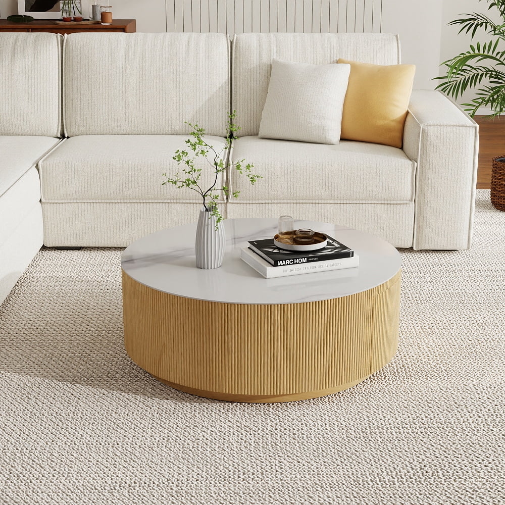 Magic Home Modern Round Coffee Table with Two Drawers,Circle Coffee Table Space-Saving Multiple Purpose for Living Room,dining room and home office,Wood color