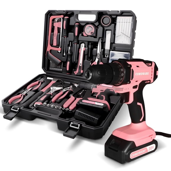 Caja de herramientas con taladro de 20 V COMOWARE, juego de herramientas de 120 piezas, color rosa