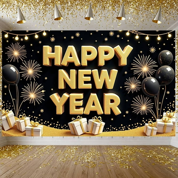 Gold Lettering Happy New Year Banner Firework Design New Year Display Black Balloons Gift Boxes Festive Backdrop for New Year Party Holiday Celebration New Year Eve