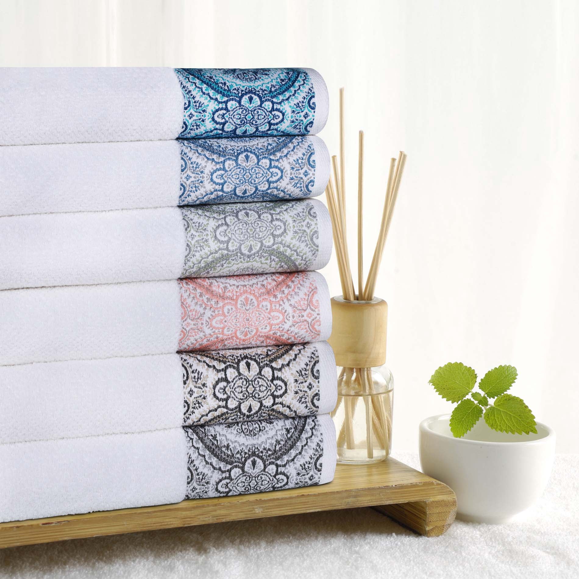 Superior Medallion Cotton Hand Towels, Set of 6, White/ Emberglow