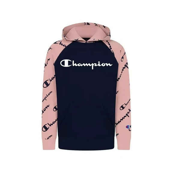 CHAMPION Big Boys Diagonal Script Raglan Fleece Hoodie Size M Navy Blue MSRP $34
