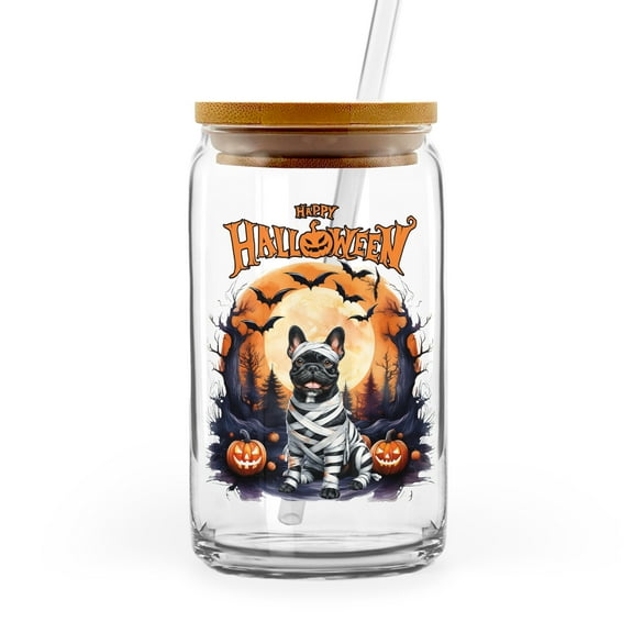 Mummy French Bulldog Happy Halloween with Pumpkins Bats Spooky Fun 16oz Glass Cup Mug Dog Lover Gifts Glass Can with Bamboo Lid and Straw - 00019