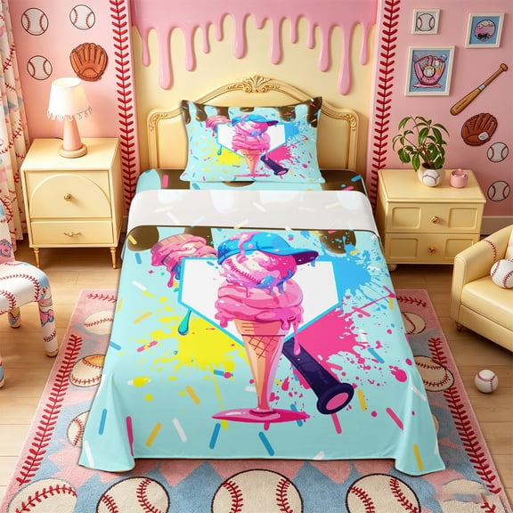 Castle Fairy Baseball Print Twin Sheets 3pcs, Ice Cream Sundae Pattern Bedding, Pink Blue,1 Fitted Sheet, 1 Flat Sheet and 1 Pillowcase