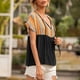 thumbnail image 3 of Camiseta de mujer Étnico Manga corta Hueco con cordones Verano Casual Top, Negro, XL Inevent AP001227-04, 3 of 7