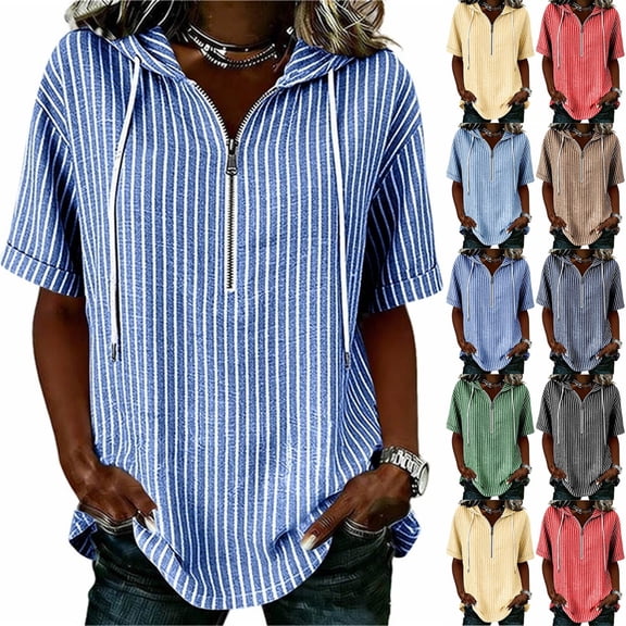 GUACER Womens Striped Hoodies Short Sleeve Cotton Linen Zipper Tops Casual Summer Shirts