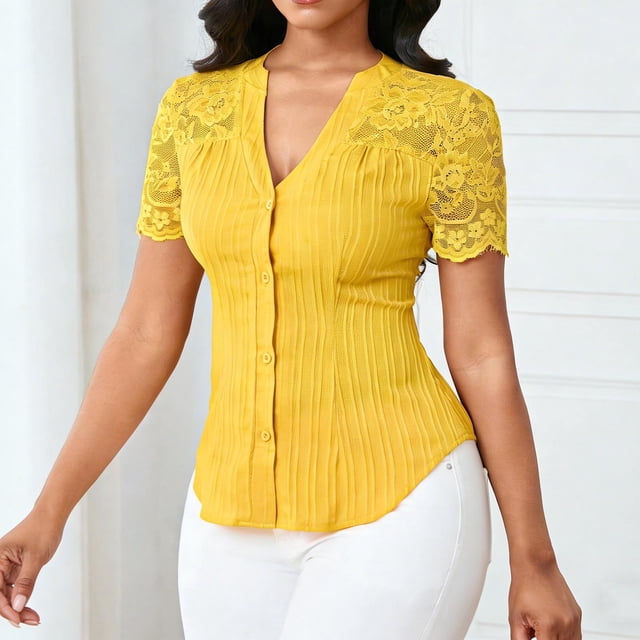Xuyuer Women's Lace Patchwork Short Sleeve Blouse, Button V-Neck Casual Fashion Top Solid Color Shirt