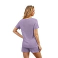 thumbnail image 3 of Qylux Pajamas for Women Set Ribbed Knit Sleepwear Set Summer Short Sleeve Top and Shorts 2 Piece Lounge Set with Pockets,Light Purple,2XL, 3 of 8