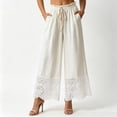 thumbnail image 3 of Squevariel Womens Cotton Linen Pants Lace Comfy Wide Leg Trousers Solid Color Loose Drawstring Elastic Waist Pants, 3 of 5