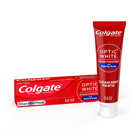 Colgate Optic White Stain Fighter Teeth Whitening Toothpaste with Baking Soda, Clean Mint, 6 oz Tube