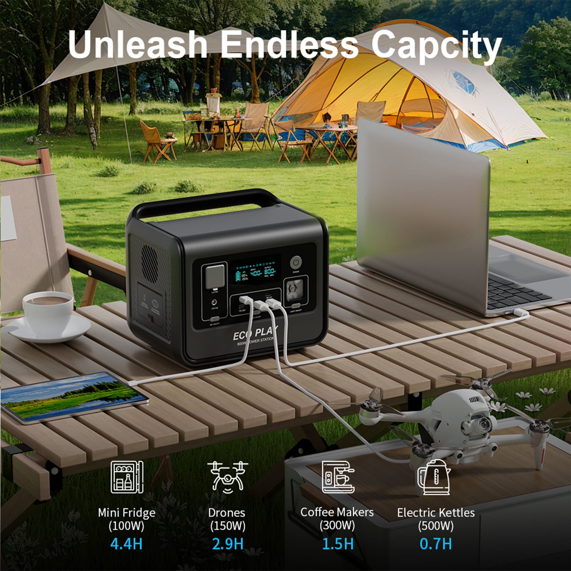 Eco Play ポータブル電源 512Wh AC 800Ｗ EP800 Eco Play 800W AC Portable Power Station EP800, 512Wh LiFePO4