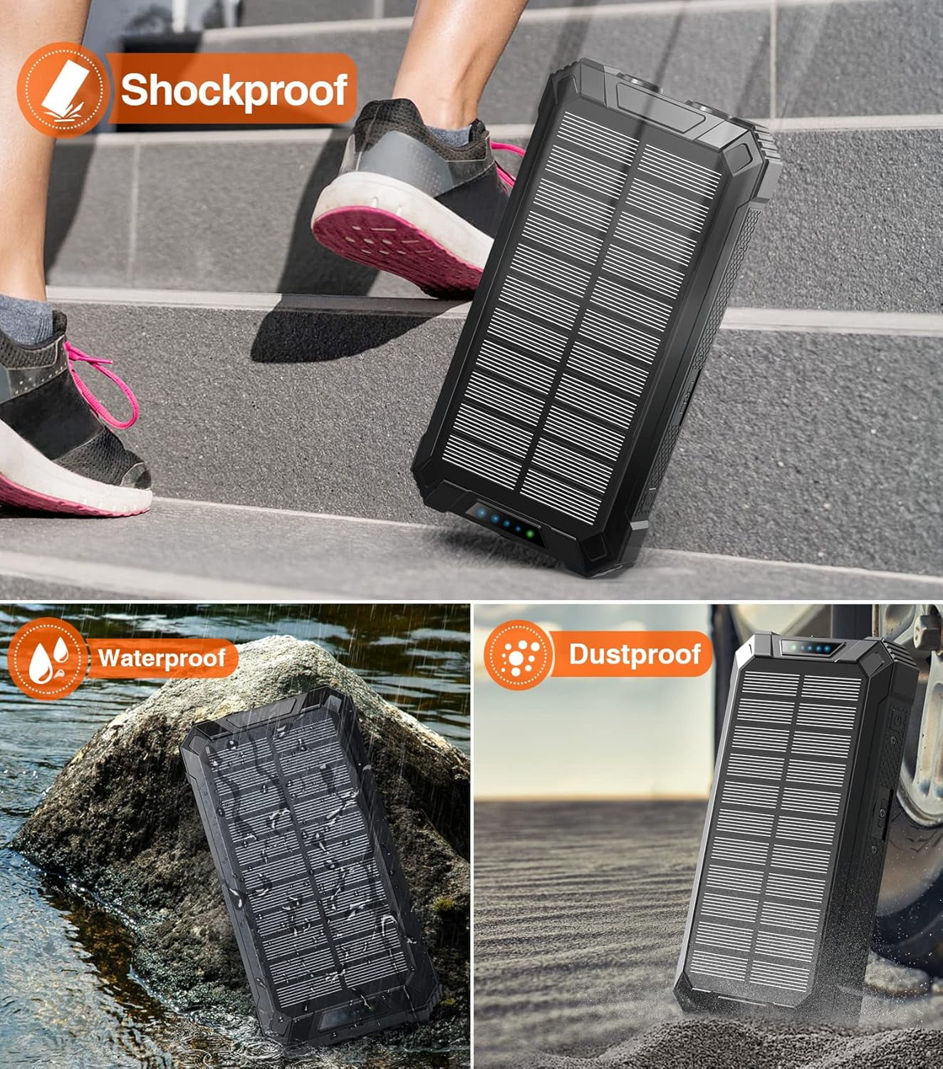 2PK Power Bank Wireless Charger 46800mAh Built in 4 Cables Six Outputs 15W Fast Charging Power Bank for All Mobile Devices Three Inputs Solar Portable Charger with Dual Flashlights, Carabiner(Black)
