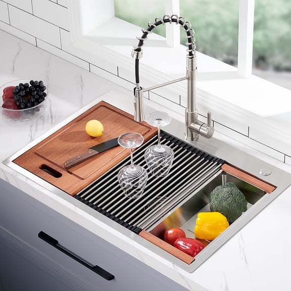 MIDOQIN28 x 22 Drop In Kitchen Sink,16 Gauge Stainless Steel Topmount  Single Bowl Ledge Workstation Kitchen Sink