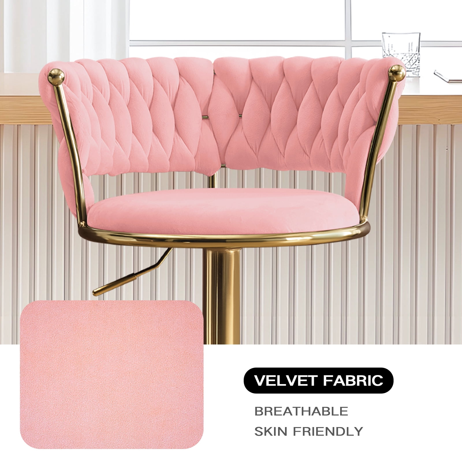 Swivel Velvet Bar Stools Set of 2, Adjustable Height Barstools with Woven Back and Footrest for Kitchen Island, Dining Room, Pink