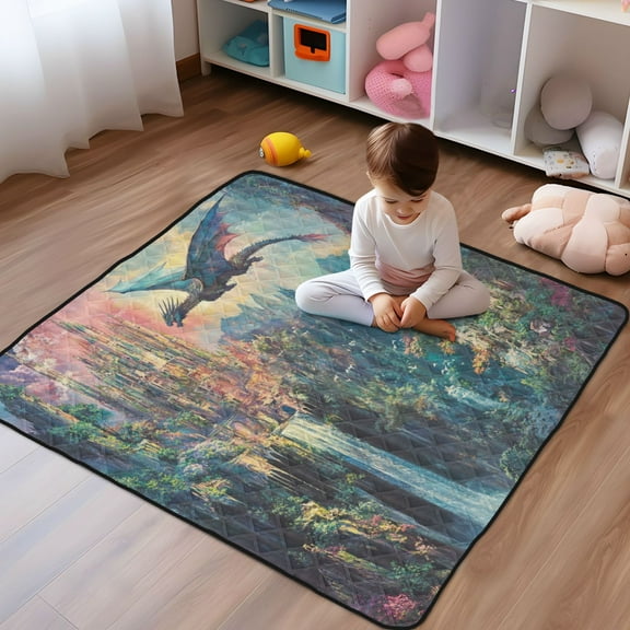 WOBOGO Magic Dragon Castle Baby Playmats Extra Large Waterproof Rollable Activity Pads for Toddlers 50×50inch