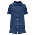 thumbnail image 4 of Denim Set for Women - Jean Short Sets for Women Casual Summer 2 Piece Outfits Pocket Lapel Neck Button Down Blouse Shirts Drawstring Elastic Waist Short Pants Matching Clothing, 4 of 8