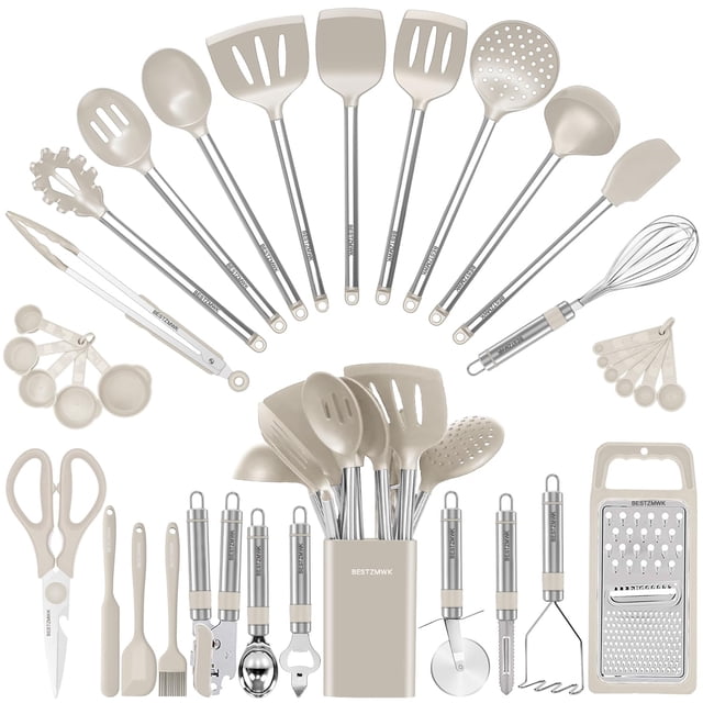 Set de utensilios de cocina BESTZMWK Silicone Cooking 33 Gadgets Khaki