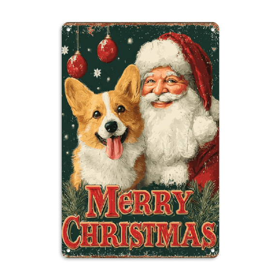 Metal Sign Christmas Santa And Corgi Merry Christmas Vintage Tin Sign for Home Kitchen Garden Yard Indoor Office Decor 8x12 inch, 2D Flat