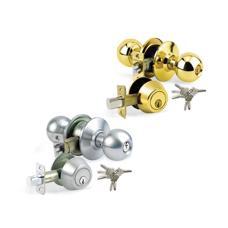Brass Finish Grade 3 Combo Lock Set with Entry Door Knob and Deadbolt With 6 SC1 Keys - Boxed Keyed Alike