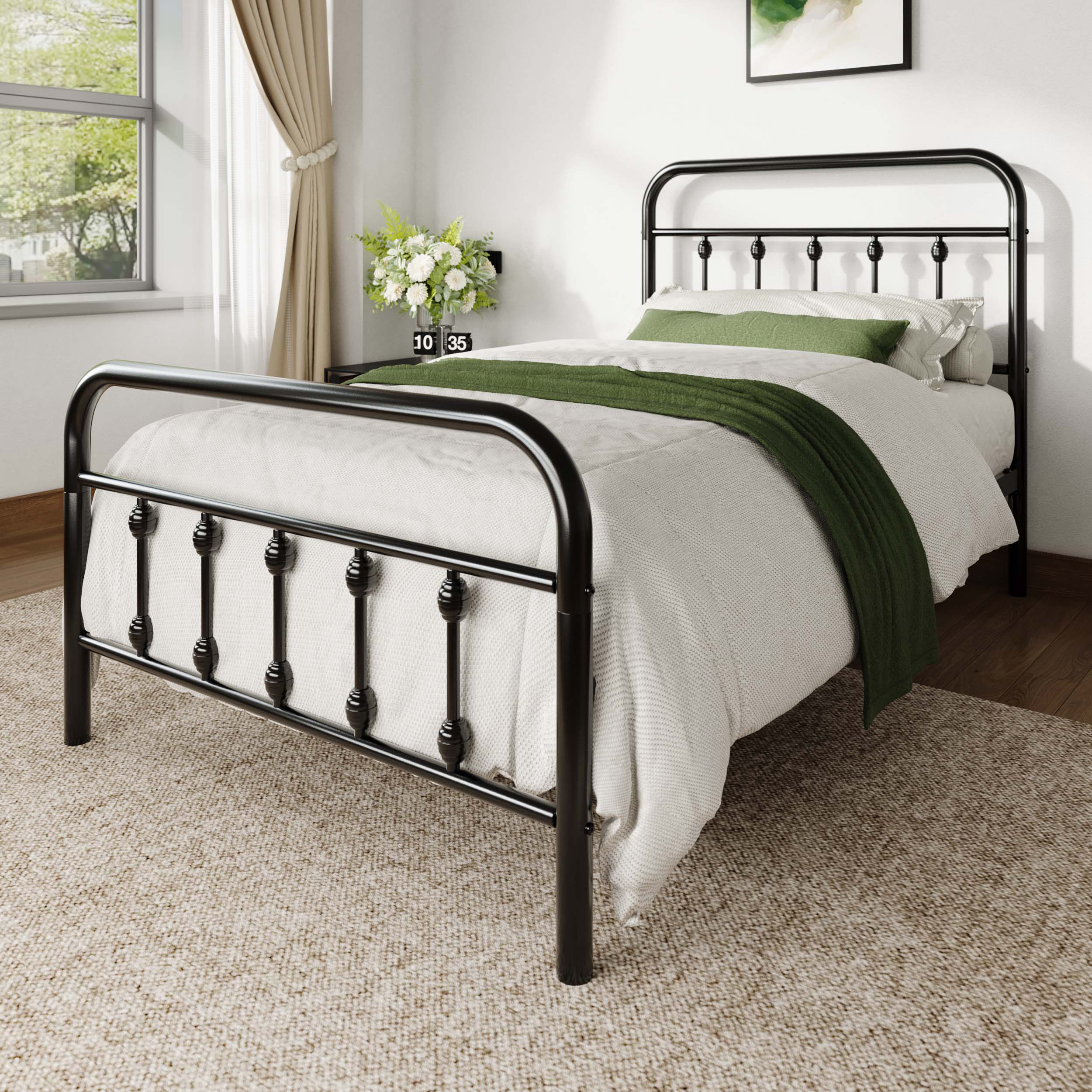 Allewie Twin Metal Platform Bed Frame with Vintage Pattern Headboard/Footboard, No Box Spring Needed, Black