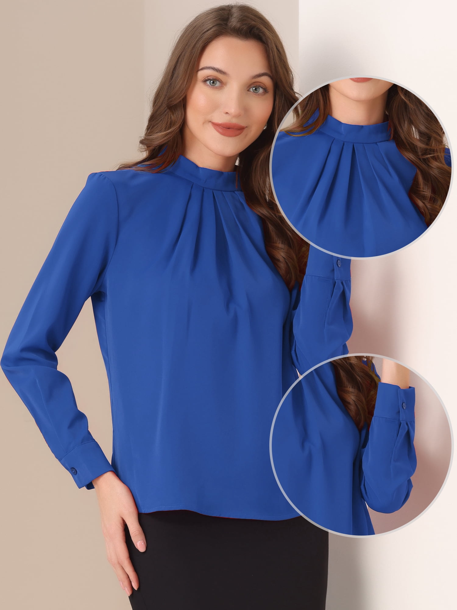 DARING DIVA Women's Tops Stand Collar Long Sleeve Business Shirt L Royal Blue