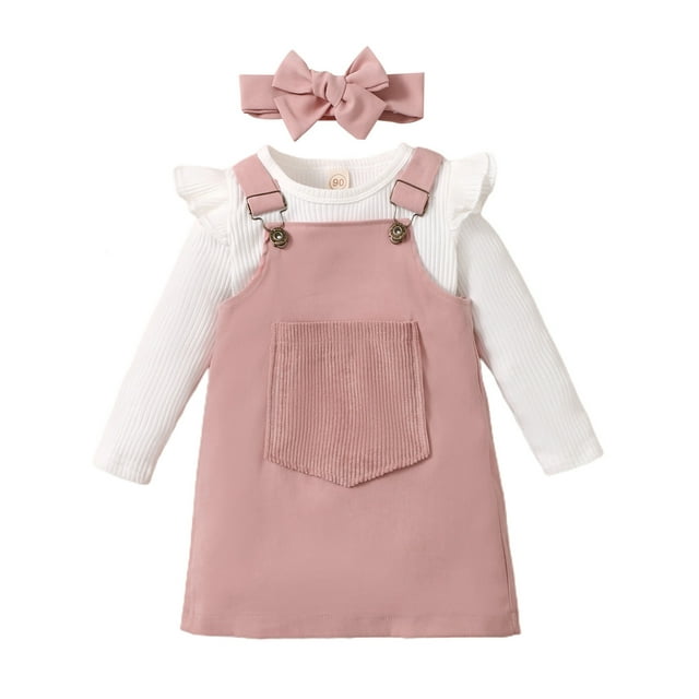 Xingqing 3PCS Toddler Infant Kids Girls Long Sleeves Solid Color Ribbed T-Shirt Overalls Dress