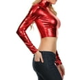 thumbnail image 4 of Sakkas Metallic Liquid Mock Neck Turtleneck Long Sleeve Crop Top - Made in USA - Red - Small, 4 of 6