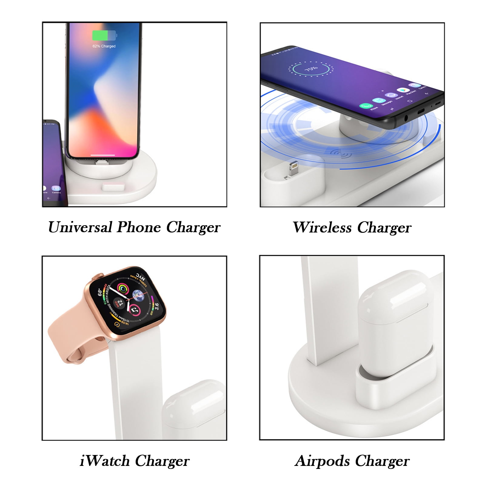 15W Fast Wireless Charging Stand - 360° Rotatable Charging Dock Station Multi-Interface for iPhone/Apple Watch/AirPods/Android