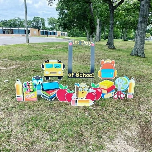 VictoryStore First Day of School Yard Sign Decorations - Back To School Yard Cards with Selfie Frame, 17-Piece Set with Stakes, American Made